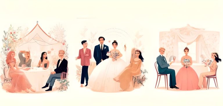 Illustration of various couples at a wedding, each showcasing their unique couple persona through attire and interactions, aligned with the blog topic "Love and Lifestyle: What Your Wedding Registry Reveals About Your Couple Persona."