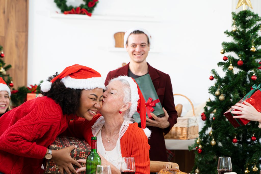 Happy New Year,Excited family congratulating each other with christmas or new year,Sharing gifts,Present,Holiday and people.