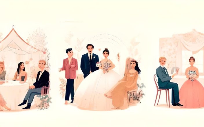 Illustration of various couples at a wedding, each showcasing their unique couple persona through attire and interactions, aligned with the blog topic "Love and Lifestyle: What Your Wedding Registry Reveals About Your Couple Persona."